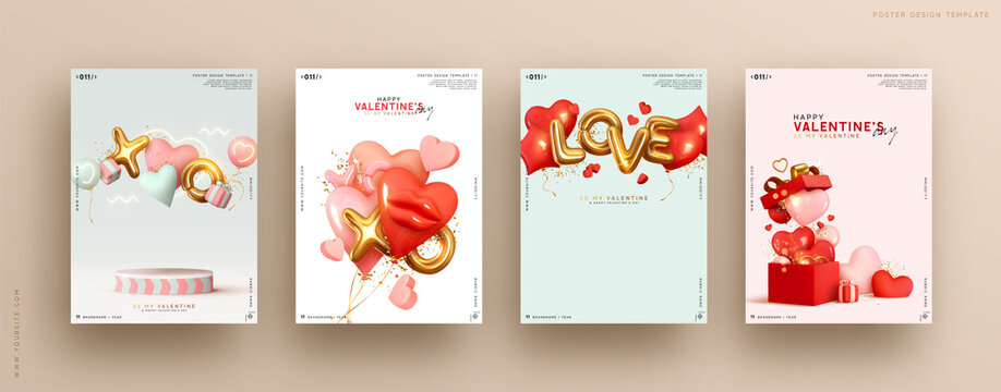 Valentines day. Romantic set vector backgrounds. Festive gift card templates with realistic 3d design elements. Holiday banners, web poster, flyers and brochures, greeting cards, group bright covers