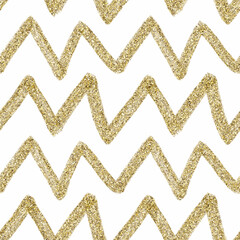 Glittery Zig-Zag ornament. Golden sparkle texture. Doodle hand-crafted style. Brush stroke. Endless repeatable pattern. Hight resolution and quality. Gift wrapping and interior wall paper design.