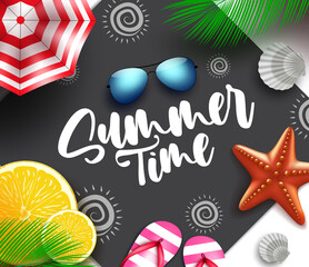 Summer time vector concept design. Summer time text in beach mat with umbrella and sunglasses elements for tropical season outdoor travel. Vector illustration
