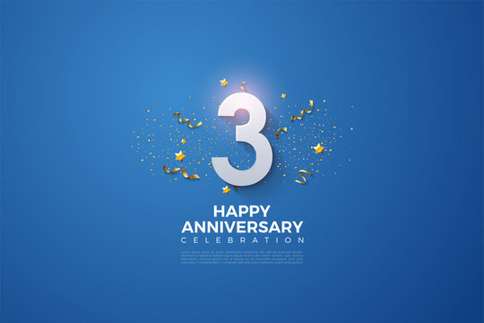 3rd Anniversary with numbers and festivity on blue background.
