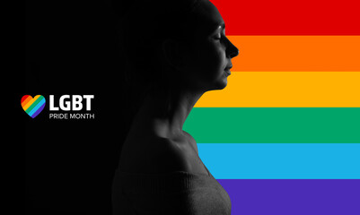 Silhouette of young woman and rainbow on black background with text LGBT PRIDE MONTH