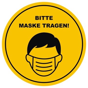BITTE MASKE TRAGEN! PLEASE WEAR MASK! Vector icon, German language
