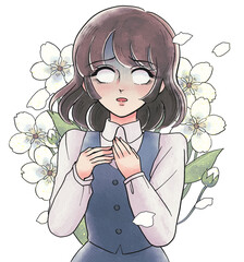 レトロ少女漫画風・白眼をむいて驚くお姉さん・花を背負う