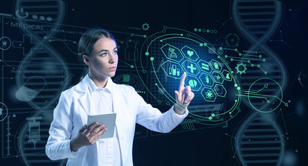 Young female scientist with tablet computer using virtual screen on dark background