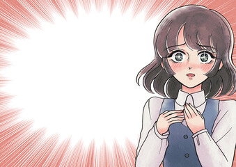 レトロ少女漫画風・赤面して驚くお姉さん・集中線背景