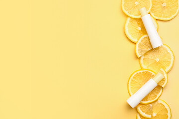 Natural lip balms with lemon on color background