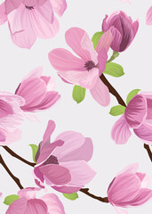 Fototapeta na wymiar Seamless pattern of Magnolia flower background template. Vector set of floral element for wedding invitations, greeting card, brochure, banners and fashion design.