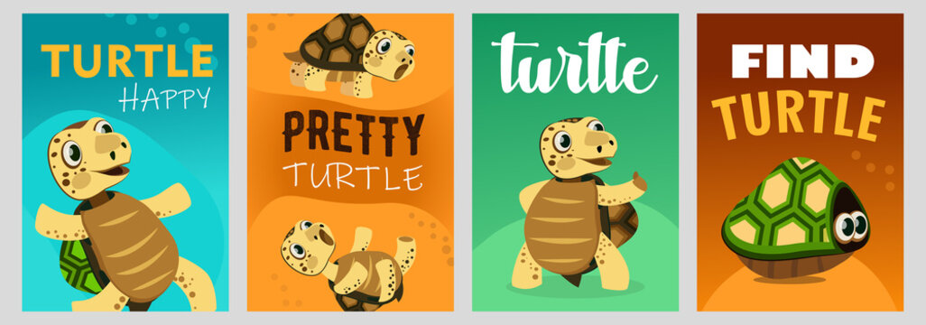 Trendy poster designs with happy turtle. Vivid brochures with sea turtle character on bright background. Marine wildlife and animals concept. Template for promotional leaflet or flyer