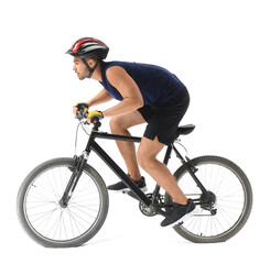 Fototapeta na wymiar Male cyclist riding bicycle on white background