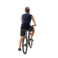 Naklejka premium Male cyclist riding bicycle on white background