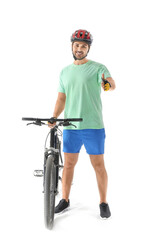 Male cyclist with bicycle showing thumb-up on white background