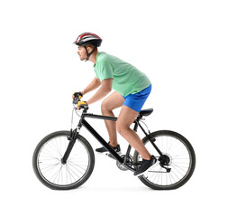 Fototapeta premium Male cyclist riding bicycle on white background