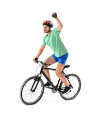 Male cyclist riding bicycle on white background