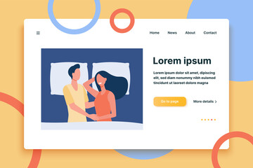Happy couple lying in bed together and smiling. Pillow, marriage, girlfriend flat vector illustration. Love and relationship concept for banner, website design or landing web page
