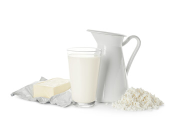 Different dairy products on white background