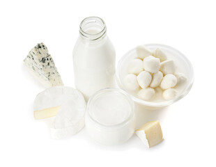 Different dairy products on white background