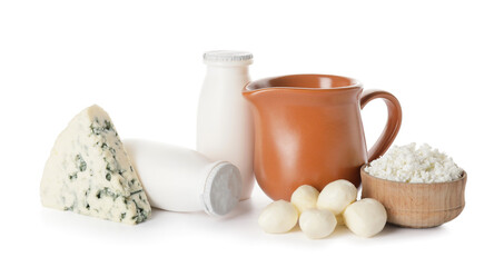 Different dairy products on white background