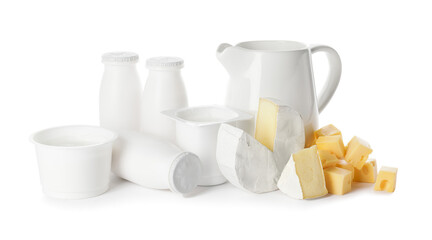 Different dairy products on white background