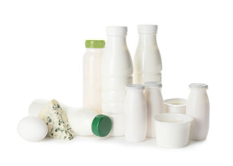 Different dairy products on white background