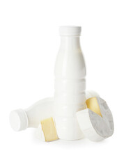Different dairy products on white background