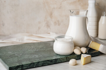 Different dairy products on table