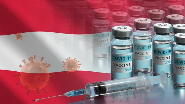 Austria to launch COVID-19 vaccination campaign. Coronavirus vaccine vials, Covid 19 cells and flag of Austria. Fighting the epidemic. Research and creation of a vaccine. Seamless loop video.