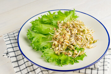Sprouted beans on a white plate. National Asian cuisine, preparation for salad, vegetarianism or raw food.