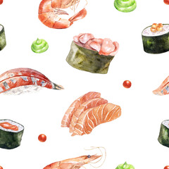 Watercolor sushi, shrimp and sashimi on white. Hand drawn seamless pattern. Background with food for japanese menu, packaging, wrapping paper, restaurant. Traditional asian seafood with fish.