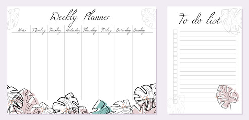 Set of day organization templates with abstract monstera leaves. Weekly planner and to-do list. Tropical monoline foliage with colored spots. Setting tasks for the day and for the week © veleri_kz