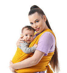 Young mother with little baby in sling on white background