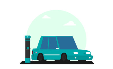 Flat vector illustration of electric car charging at the charger station.