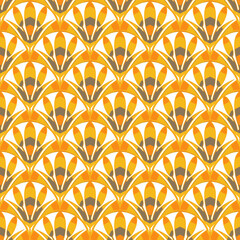 Art deco seamless floral yellow pattern. Vintage art geometric print on white background, wallpaper, fabric or tile. Decor element 