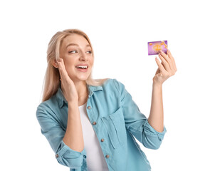 Beautiful young woman with gift card on white background