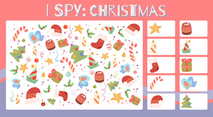 I spy game. Educational entertainment for preschool and younger school age. Christmas holiday. Winter entertainment. Flat cartoon style. How many items. Counting objects.