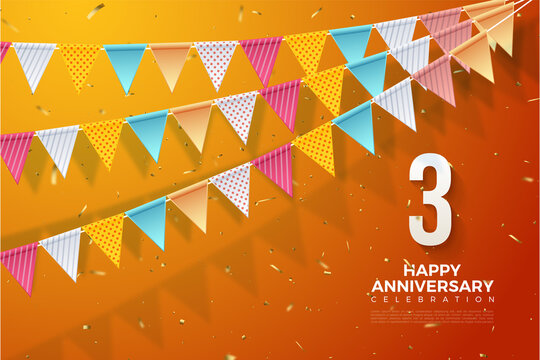 3rd Anniversary with numeric illustration on the right and colorful flag on it.