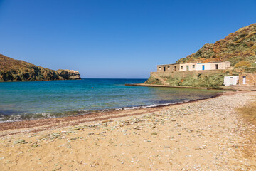 View of the coast and Agios Georgios beach, Folegandros Island, Greece.