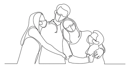happy family of four wearing face masks - single line drawing