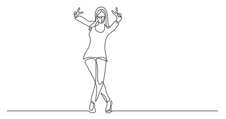 continuous line drawing of happy standing woman wearing face mask showing victory sign