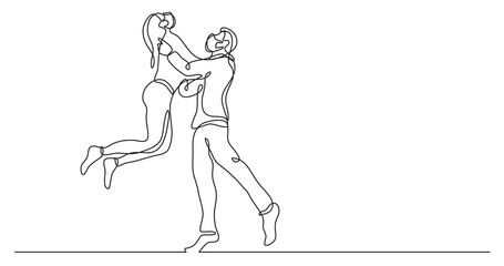 continuous line drawing of two happy teenagers jumping wearing face mask