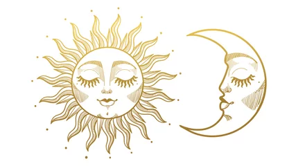 Fotobehang Set of beautiful golden mystical elements in boho style, sun and crescent moon with face. Design elements, tattoos, stickers. Linear vector illustration isolated on white background. © Tanya