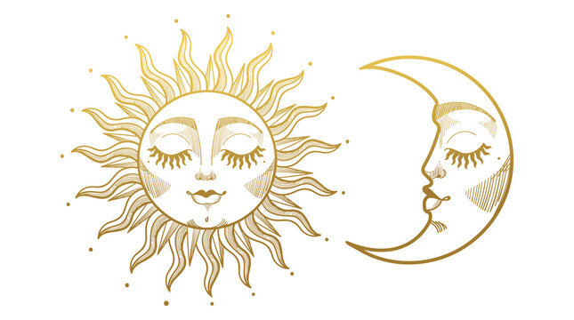 Set of beautiful golden mystical elements in boho style, sun and crescent moon with face. Design elements, tattoos, stickers. Linear vector illustration isolated on white background.