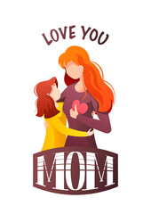 Happy Mother's Day Greeting Card design. Mother hugging her little daughter. Hand drawn lettering. A4 vector Illustration for card, postcard, poster, banner.