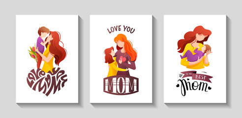 Happy Mother's Day card set. Moms with their child. Calligraphy and hand drawn lettering. A4 vector illustration for card, postcard, poster, banner.
