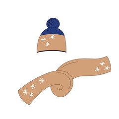 Set with winter accessories: hat and scarf. Cute vector winter warm knitted clothes collection in cartoon style. Christmas vector illustration. Template design for card, postcard, print.