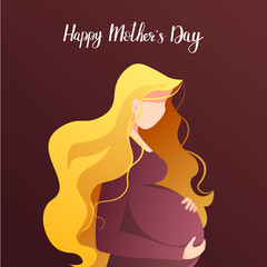 Happy Mother's Day Greeting Card design with pregnant woman hugging her belly. Hand drawn lettering. Square vector Illustration for card, postcard, poster, banner.