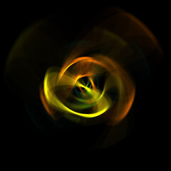 Spinning rays of light isolated on black background. Graphic 2D illustration of glowing colorful light particles in circular motion.