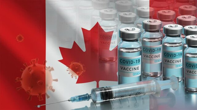 Canada to launch COVID-19 vaccination campaign. Coronavirus vaccine vials, Covid 19 cells and flag of Canada. Fighting the epidemic. Research and creation of a vaccine. Seamless loop video.