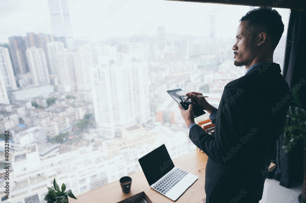 Wall mural businessman person working from home with computer laptop on online cyberspace technology