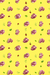 background with raw pork meat slices on yellow Illuminating background, raw food background, not pattern, poster modern creative, flatlay