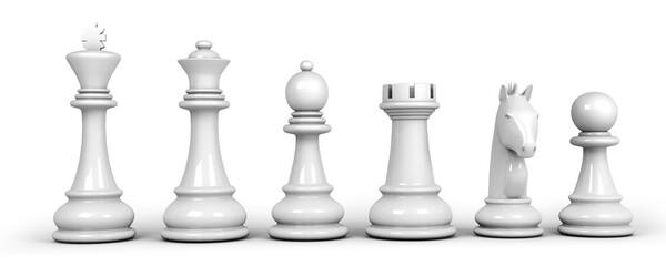 Set of white chess pieces isolated on white background. 3d illustration. - obrazy, fototapety, plakaty